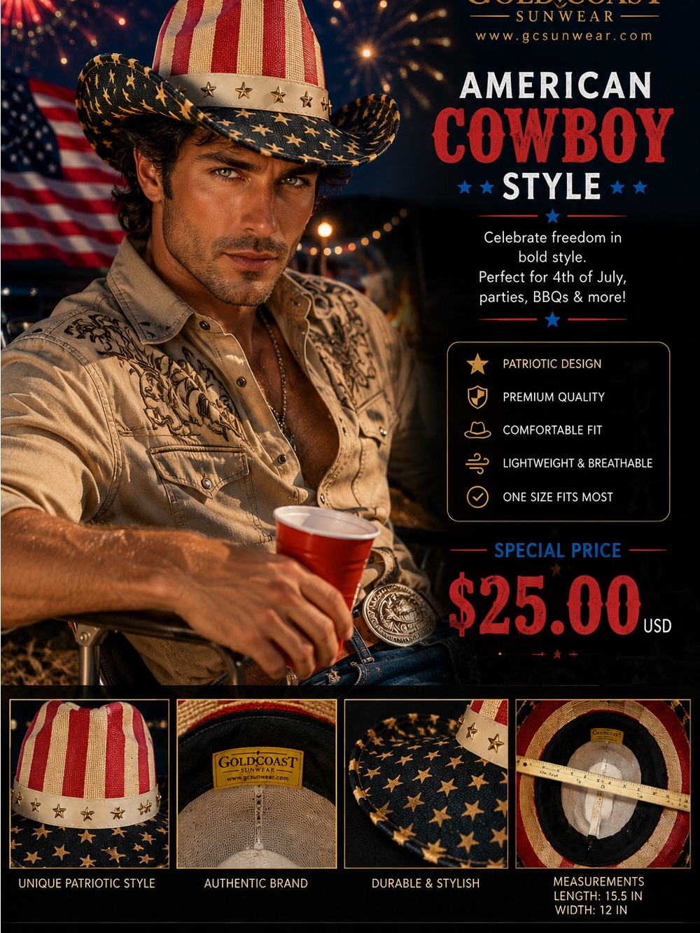 Patriotic American Cowboy Hat - Red, White & Blue
